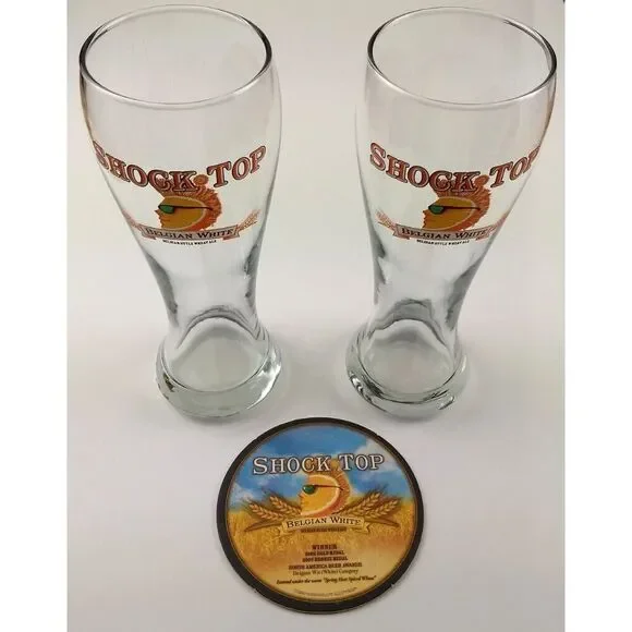 2 - SHOCK TOP BELGIAN WHITE Beer Pilsner Glasses &‎ Vintage Beer Coaster - Picture 3 of 16